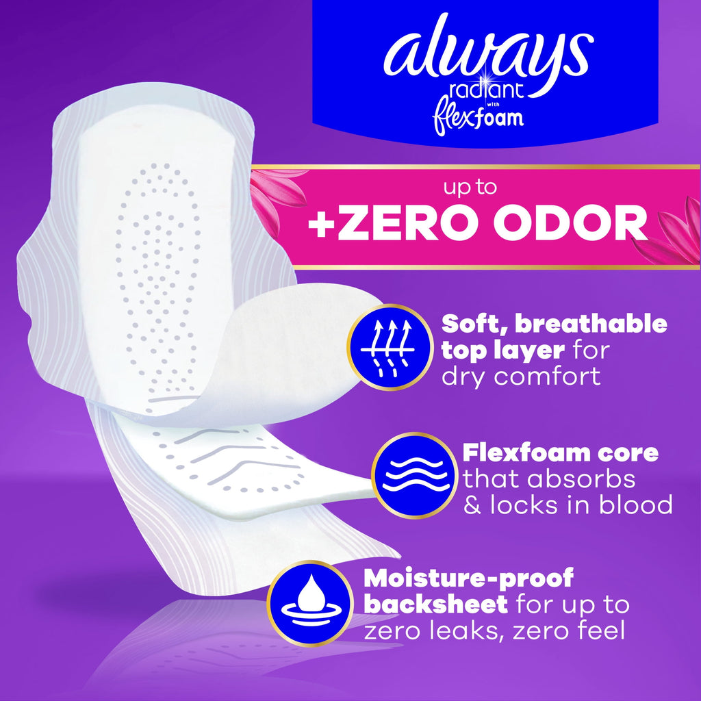 Always Radiant with FlexFoam Pads, Size 4, Overnight, Wings, 10 Count
