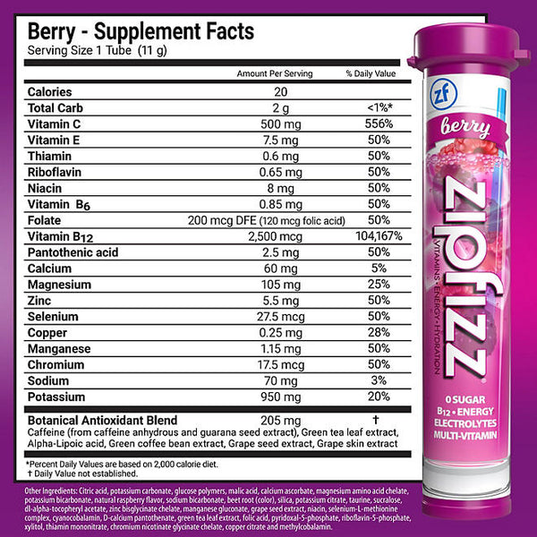 Zipfizz Energy Drink Mix, Berry, 20 ea