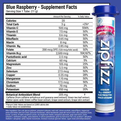Zipfizz Energy Drink Mix Energy-Getränkepulver, Blue Raspberry, 20 Stk.