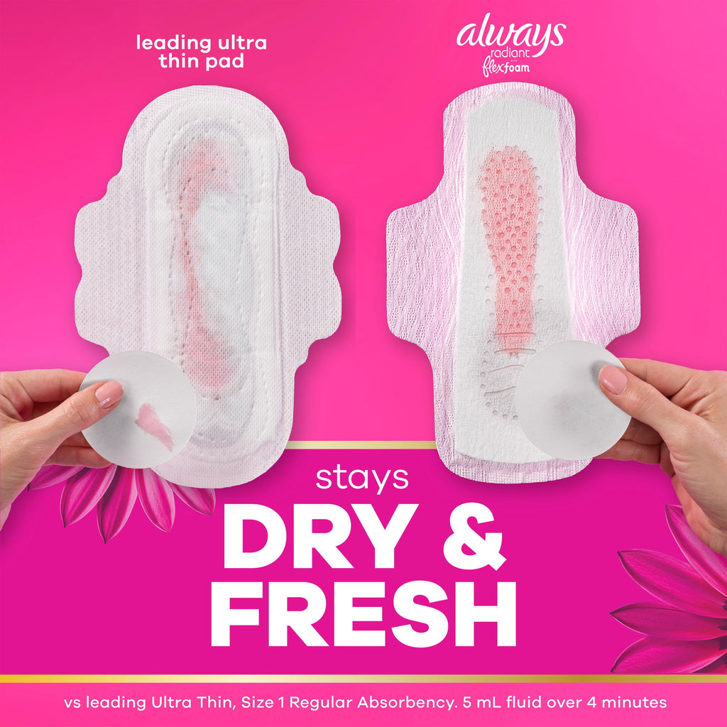 Always Pads, Radiant with FlexFoam Pads with Wings, Size 1, Regular Absorbency, 30 Count