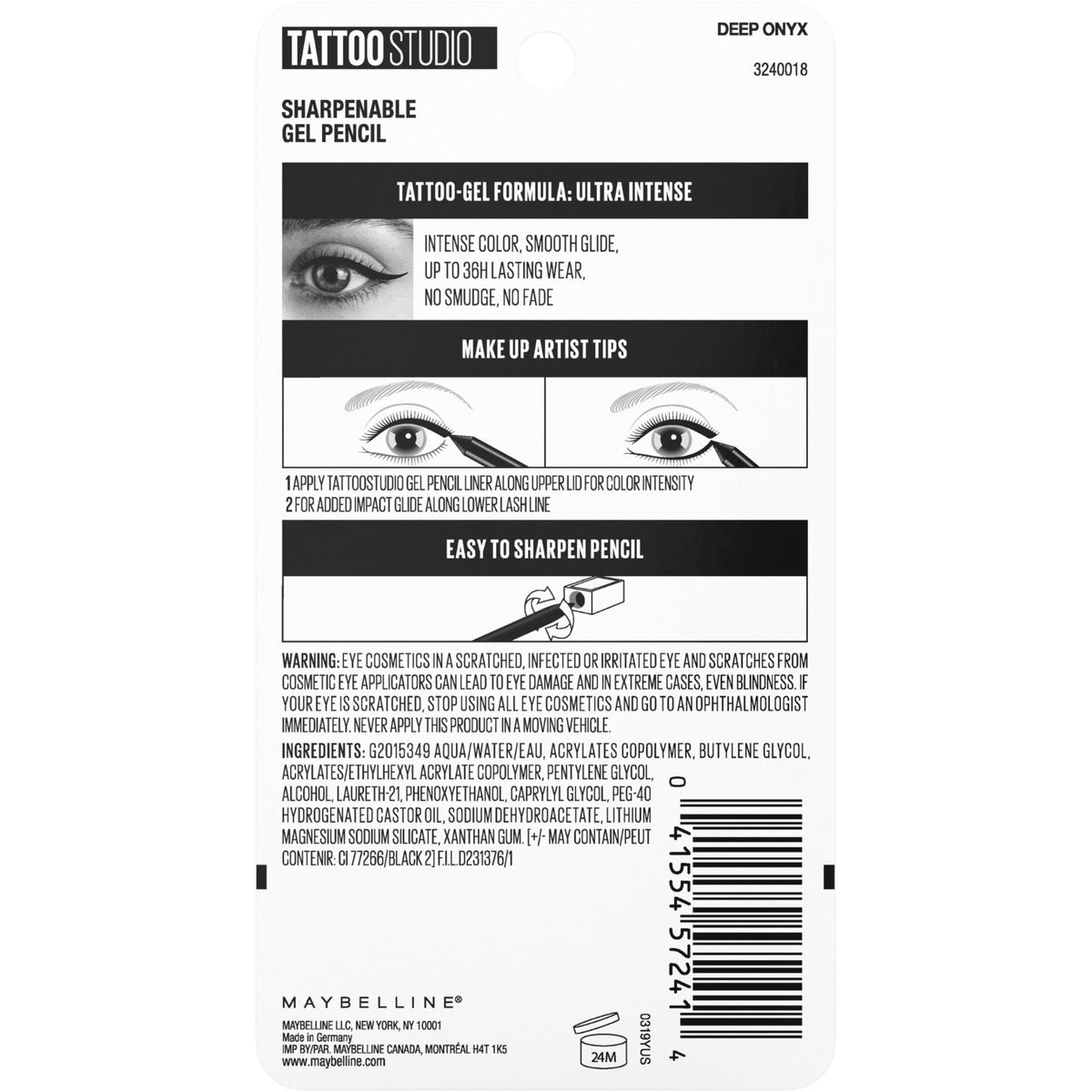 Maybelline Tattoo Studio Sharpenable Gel Pencil Longwear Eyeliner, Deep Onyx