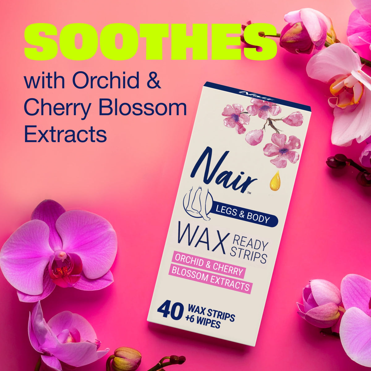 Nair Wax Ready Strips, Hair Removal Wax Strips For Legs and Body, 40 Count Plus 6 Post Wipes