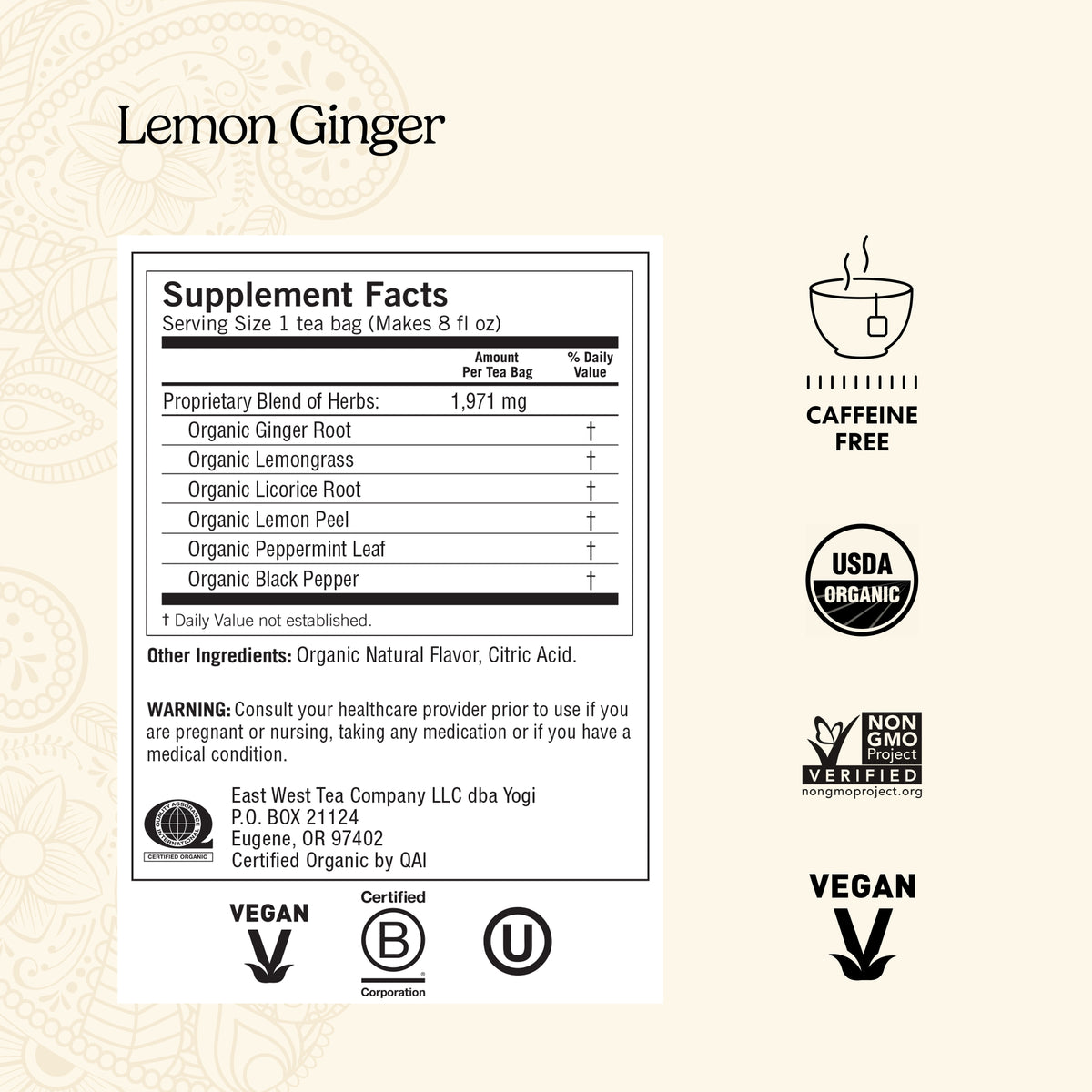 Yogi Lemon Ginger, Caffeine-Free, Organic Herbal Wellness Tea Bags, 16 Count