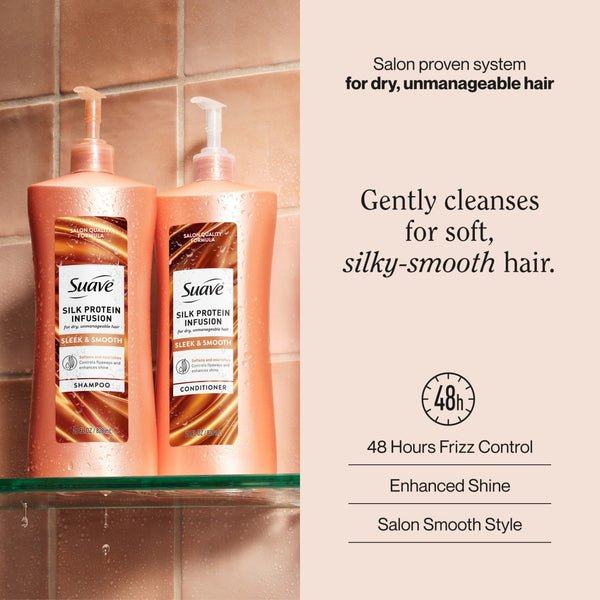 Suave Silk Protein Smooth and Sleek Smoothing Shampoo for Frizzy Hair, Anti-Humidity Shampoo, Smooths for Sleek, Shiny Hair, 28 fl oz