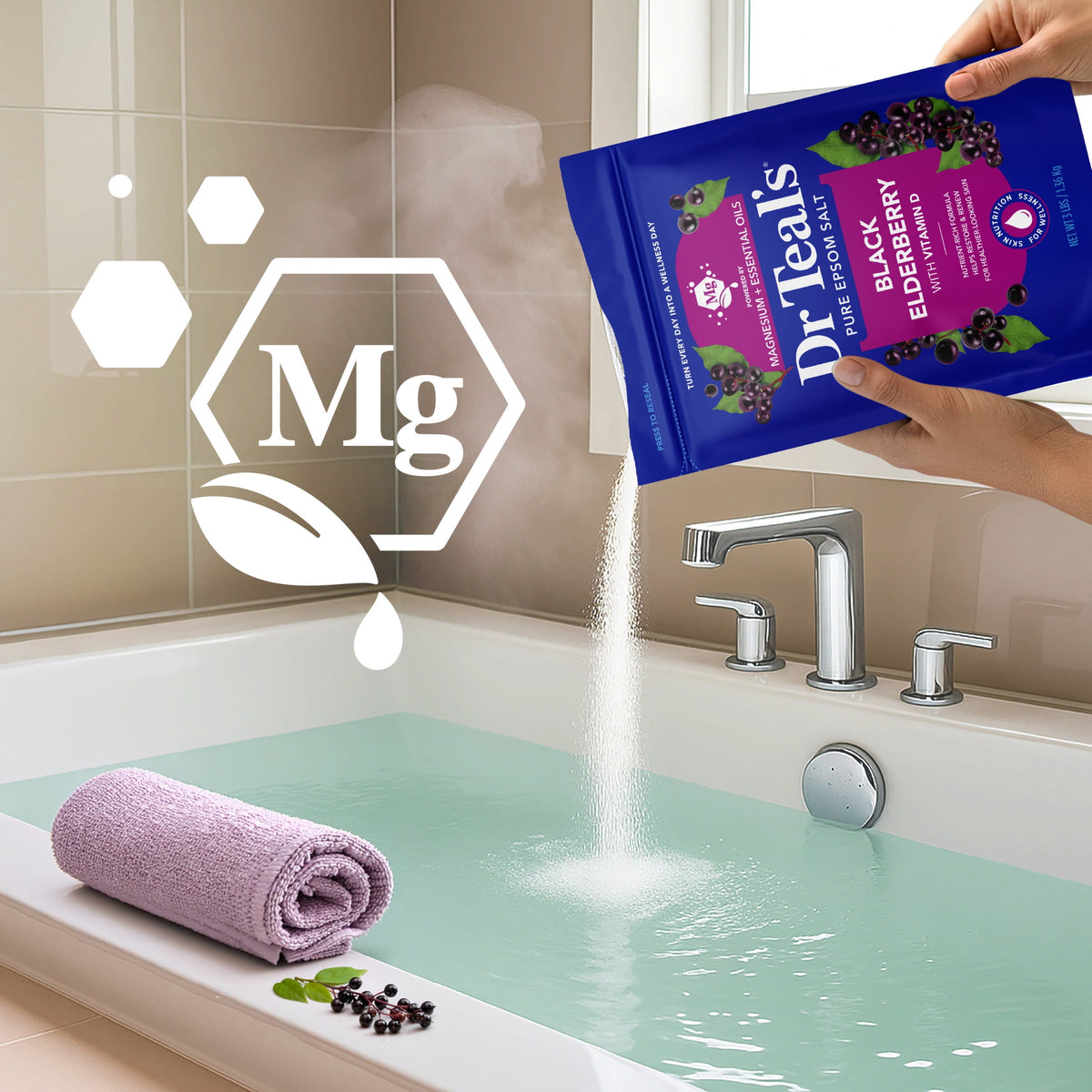 Dr Teal's Epsom Salt Magnesium Soak, Black Elderberry with Vitamin D, 3 lbs