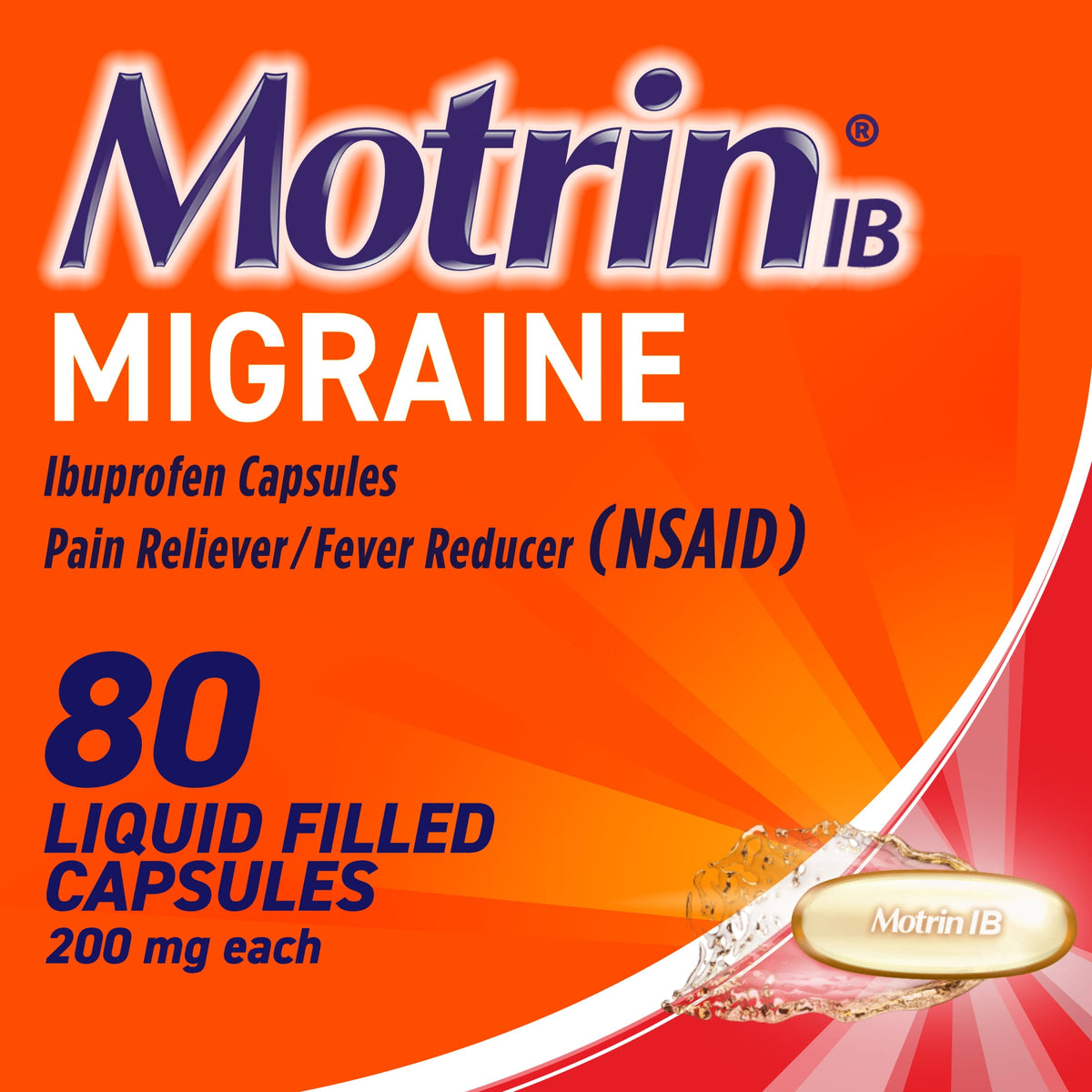 Motrin IB Migraine Relief Liquid Gel Capsules, 200 mg Ibuprofen, 80 Count