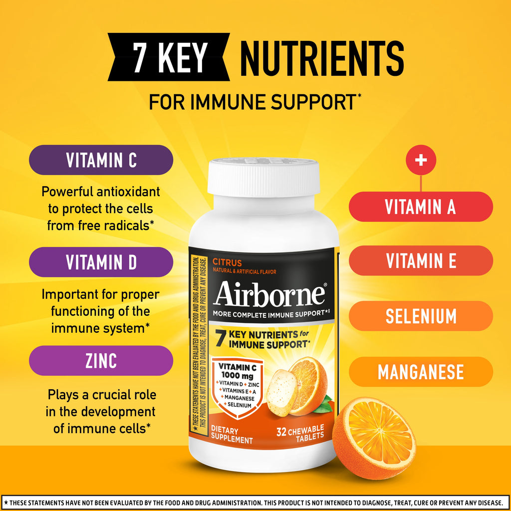Airborne 1000mg Vitamin C Immune Support Multivitamin Effervescent Tablets, Citrus Flavor, 32 ct