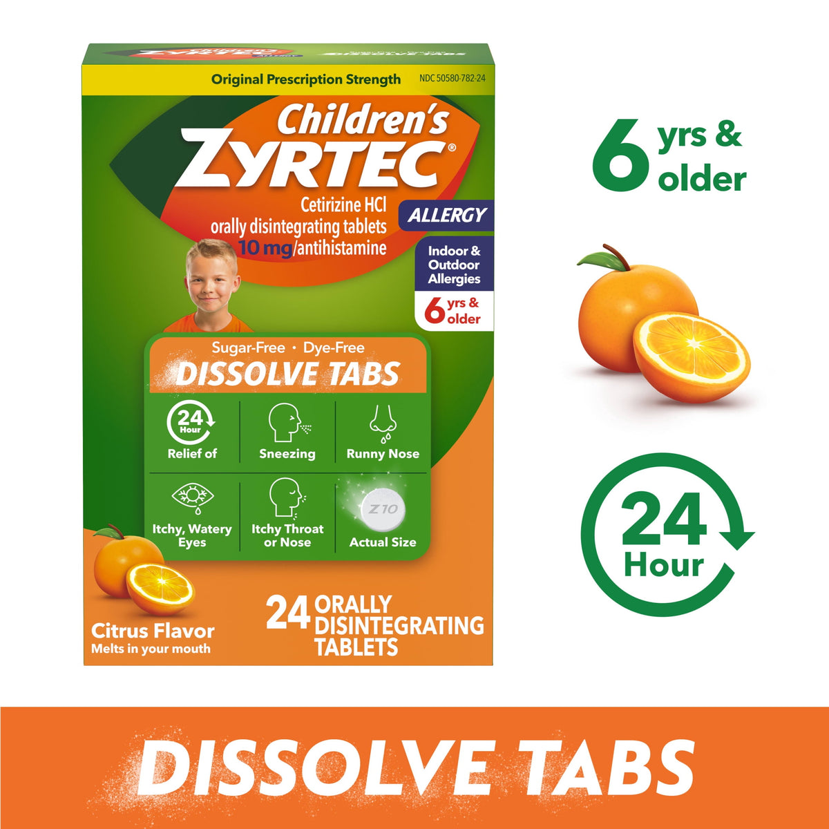 Children's Zyrtec 24 Hr Allergy Relief Dissolve Tablets, Citrus, 24 Count