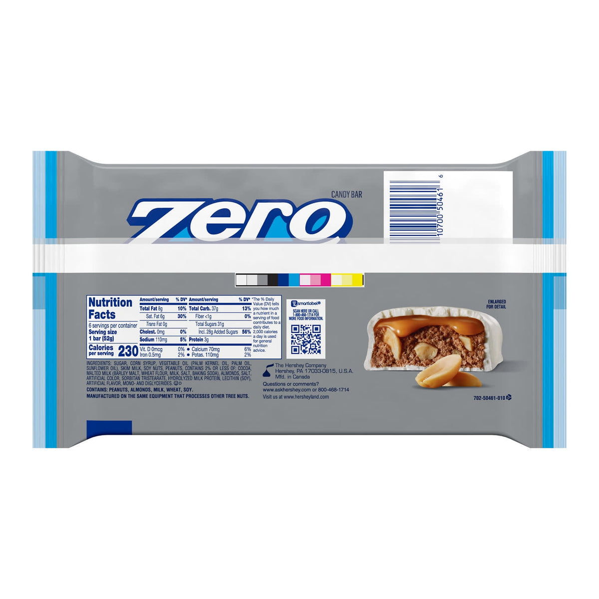 Zero White Fudge, Caramel, Peanut and Almond Nougat Candy, Bars 1.85 oz, 6 Count