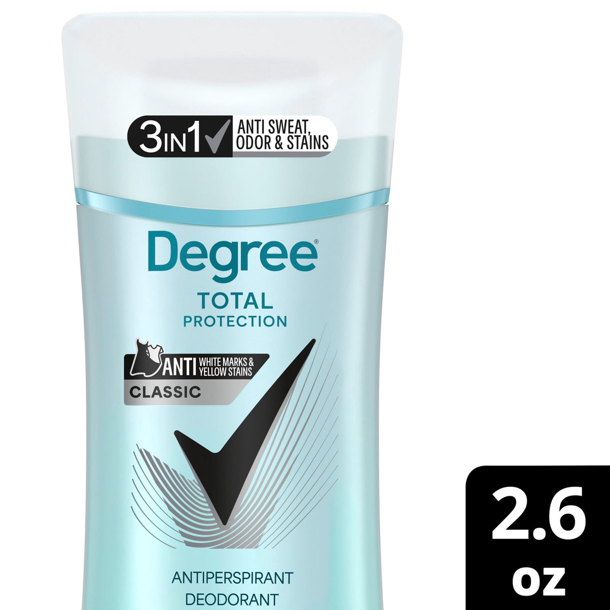 Degree 3in1 Total Protection Antiperspirant Deodorant for Women Anti Sweat, Odor and Stains Classic 72-Hour Sweat and Odor Protection, 2.6 oz