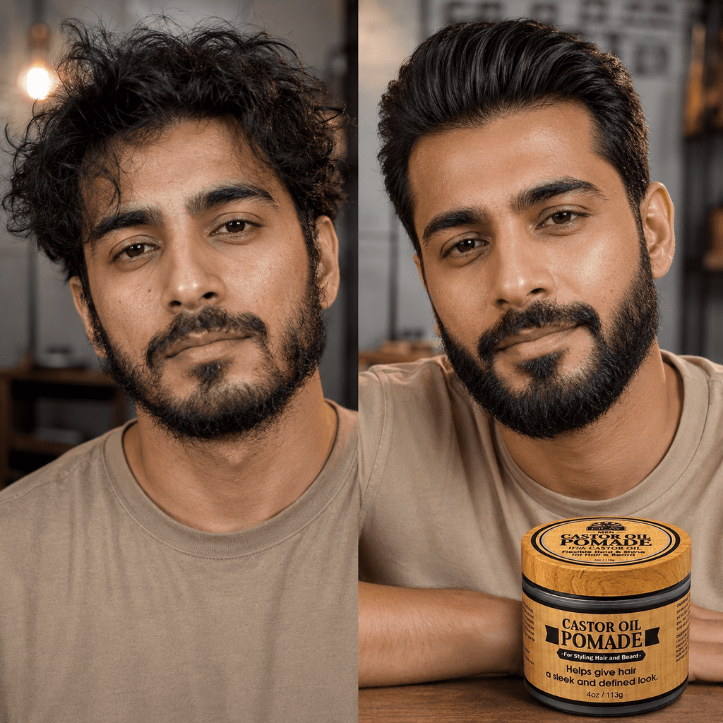 OKAY Men Castor Oil Beard & Hair Pomade, All-Day Hold Styling Pomade for Beard & Hair, Adds Shine & Definition, Silicone & Paraben Free, For All Hair