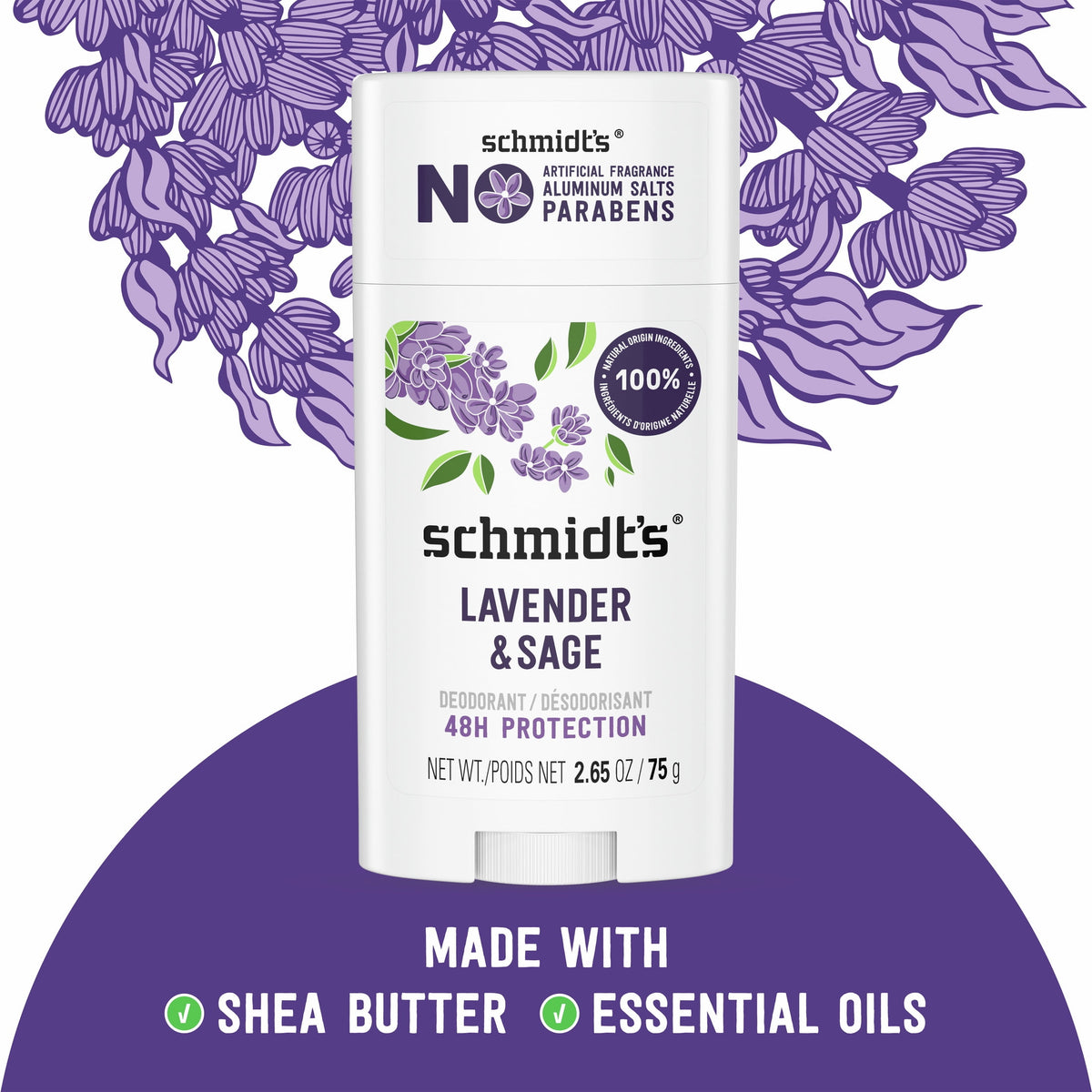 Schmidt's Lavender & Sage 24 Hour Odor Protection Aluminum-Free Vegan Deodorant, 2.65 oz