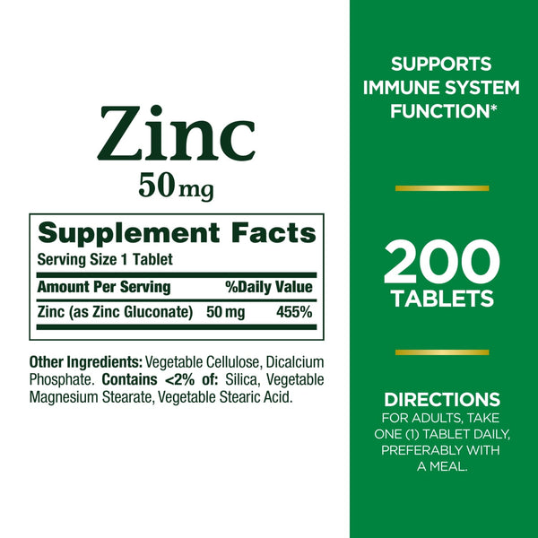 Nature's Bounty Zinc, Immune and Antioxidant Support, Dietary Supplement, 50mg, Caplets, 200 Ct