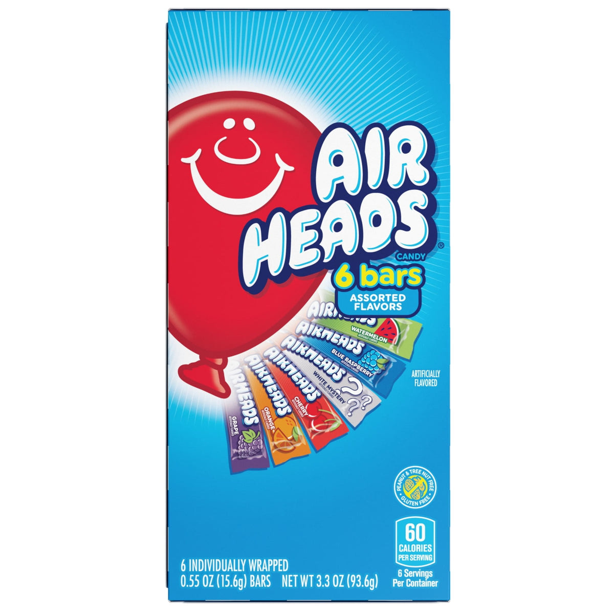 Airheads Peanut-Free Full-Size Chewy Candy Bars, Assorted Fruit Flavors, Bulk Candy Individually Wrapped, 6 Count Box