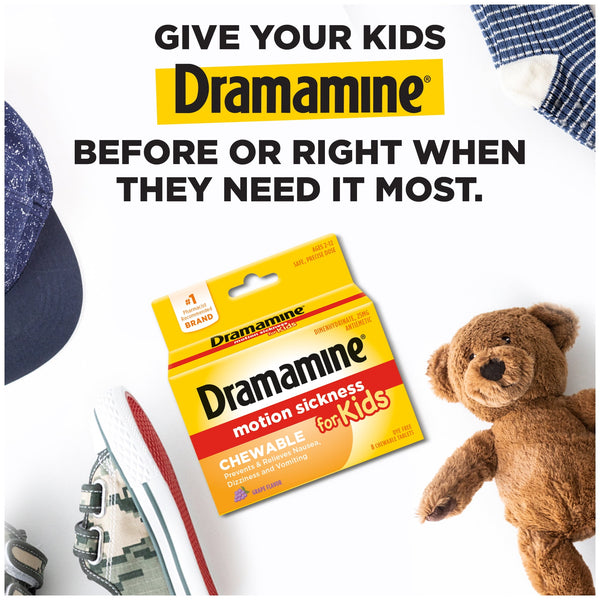 Dramamine Kids Chewable, Motion Sickness Relief, Grape Flavor, 8 Count
