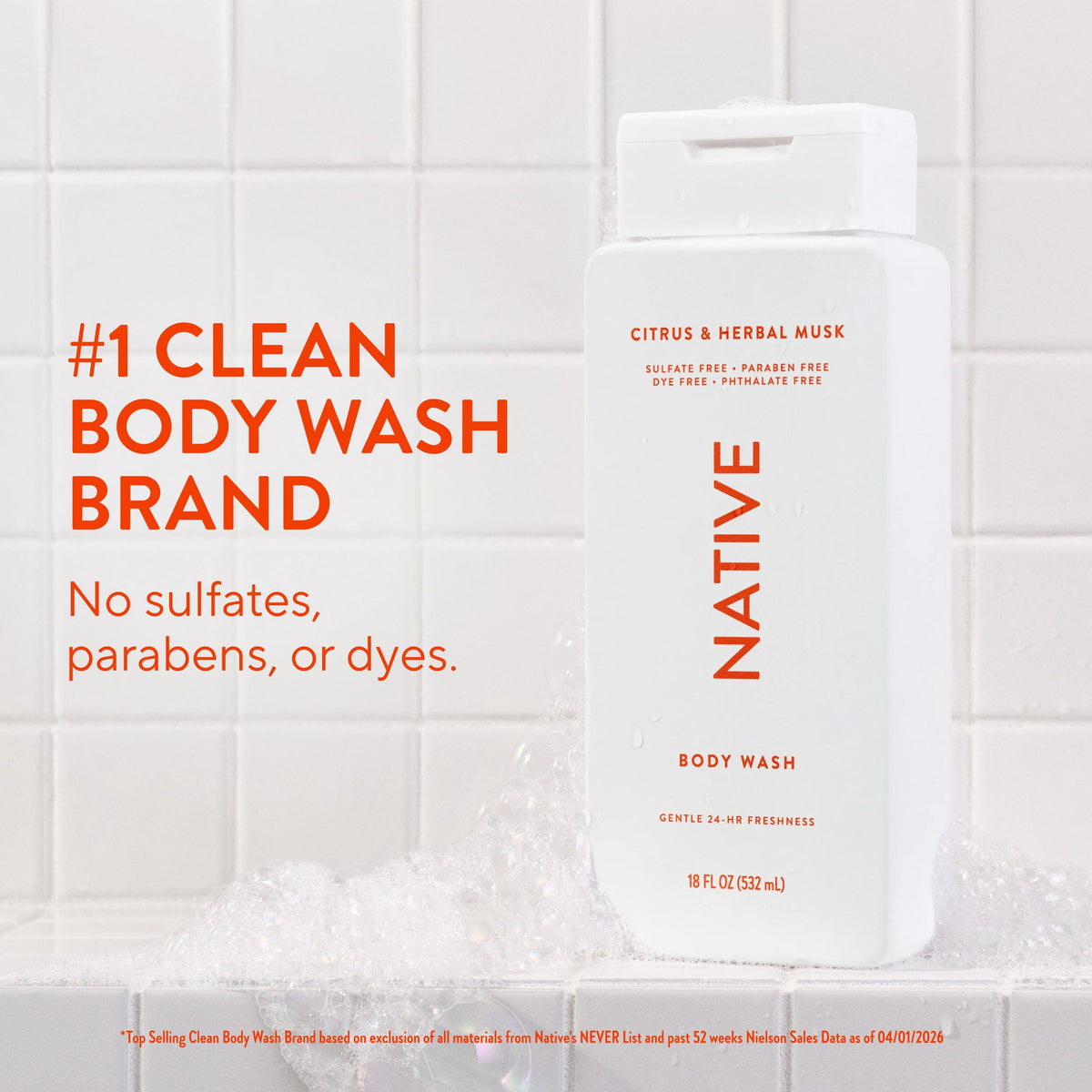 Native Body Wash, Sulfate Free, for Women & Men, Citrus & Herbal Musk, 18 fl oz