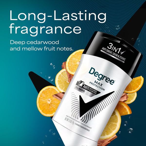 Degree 3in1 Max Protection Antiperspirant Deodorant Anti Sweat, Odor And Stains Classic 72-Hour Sweat And Odor Protection, 2.6 oz