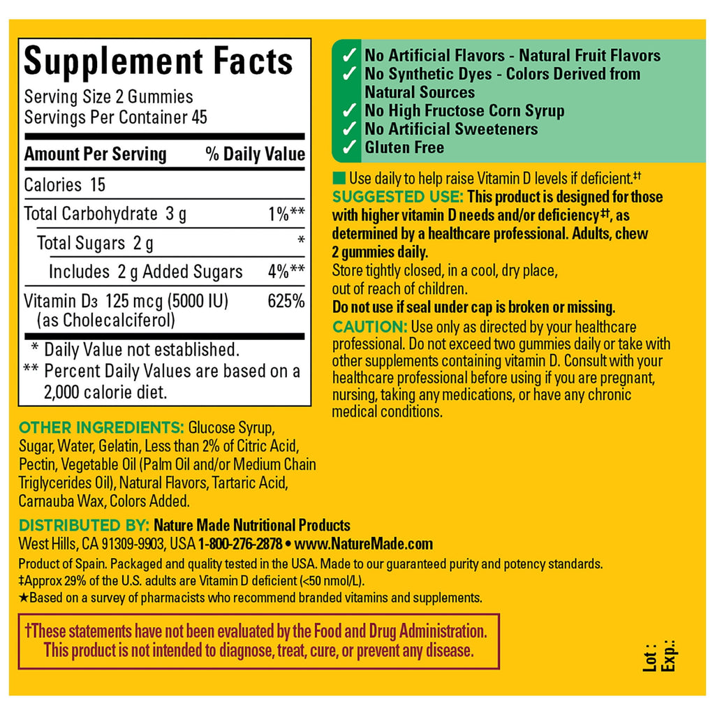 Nature Made Extra Strength Dosage Vitamin D3 Gummies 5000 IU (125 mcg) per Serving, 90 Count