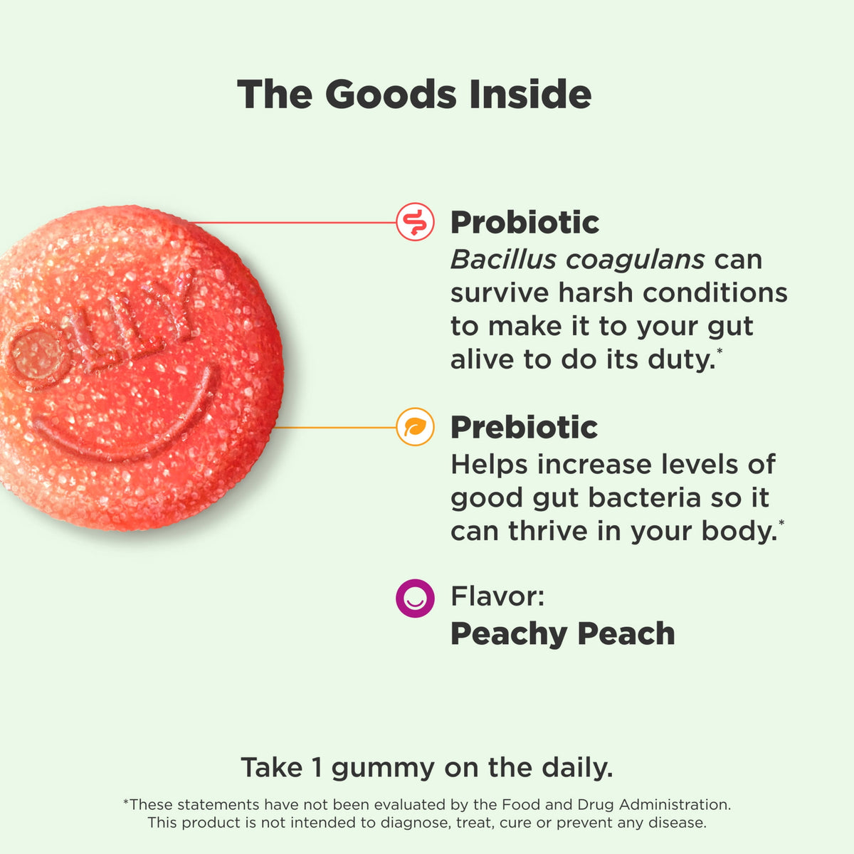 OLLY Probiotic + Prebiotic Fiber Gummy, Digestive + Gut Health Supplement for Adults, Peach, 30 Count