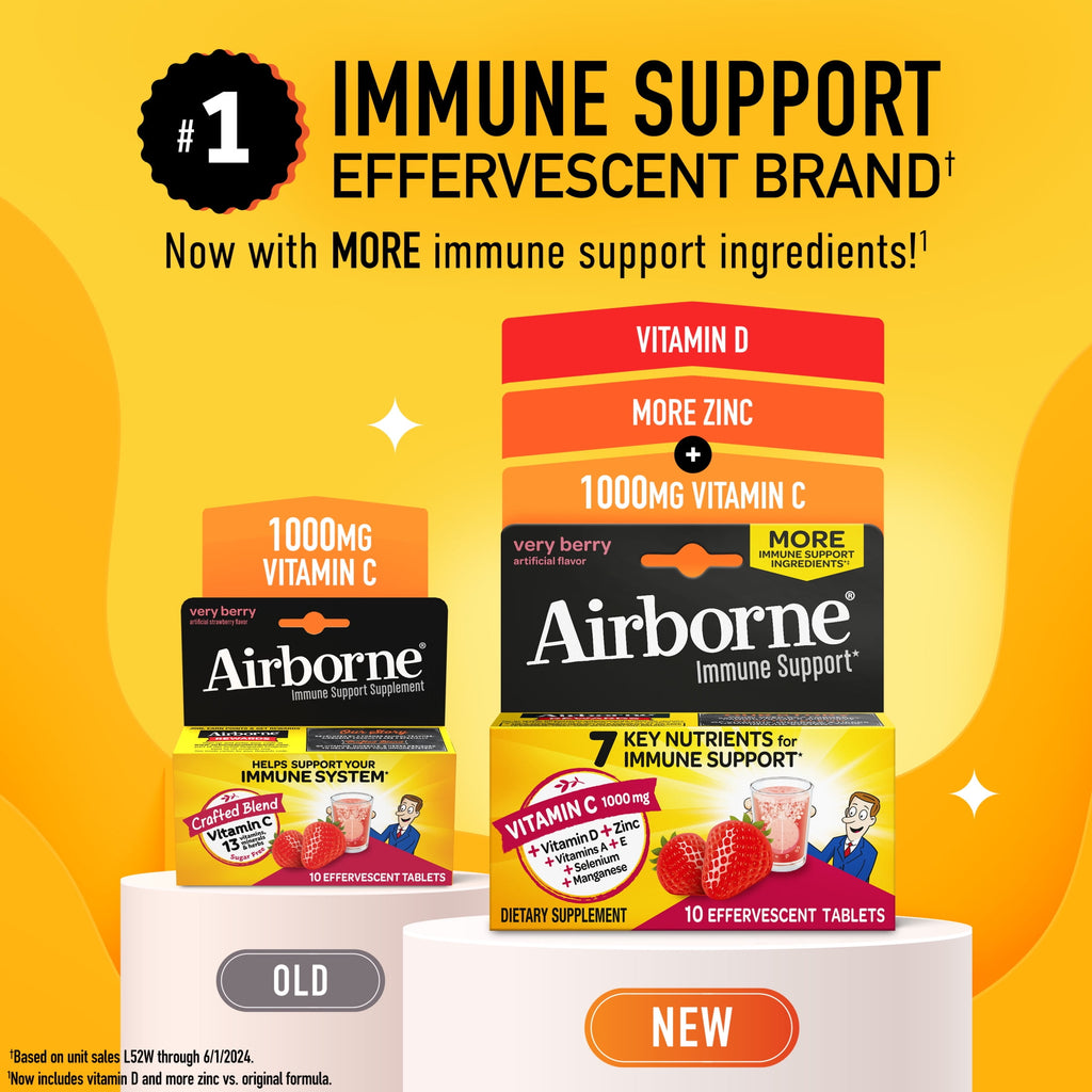 Airborne 1000mg Vitamin C Immune Support Multivitamin Effervescent Tablets, Very Berry Flavor, 10 ct