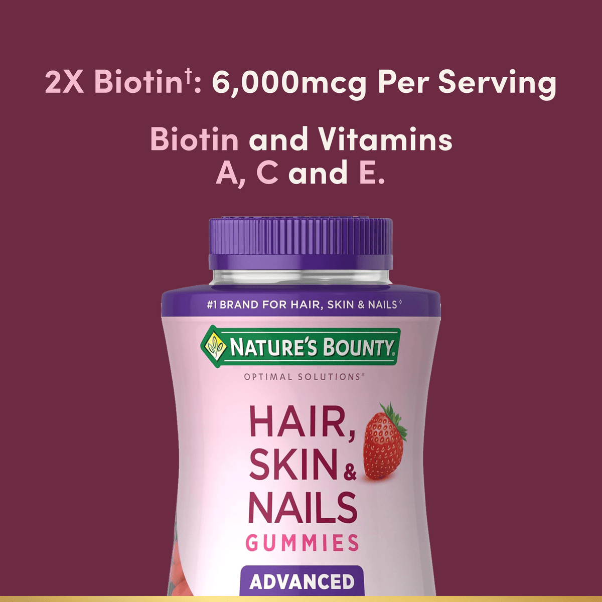 Nature's Bounty Optimal Solutions Advanced Hair, Skin and Nails Gummies, Biotin 6000 mcg, Vitamins A, C, and E, Strawberry, 90 Count