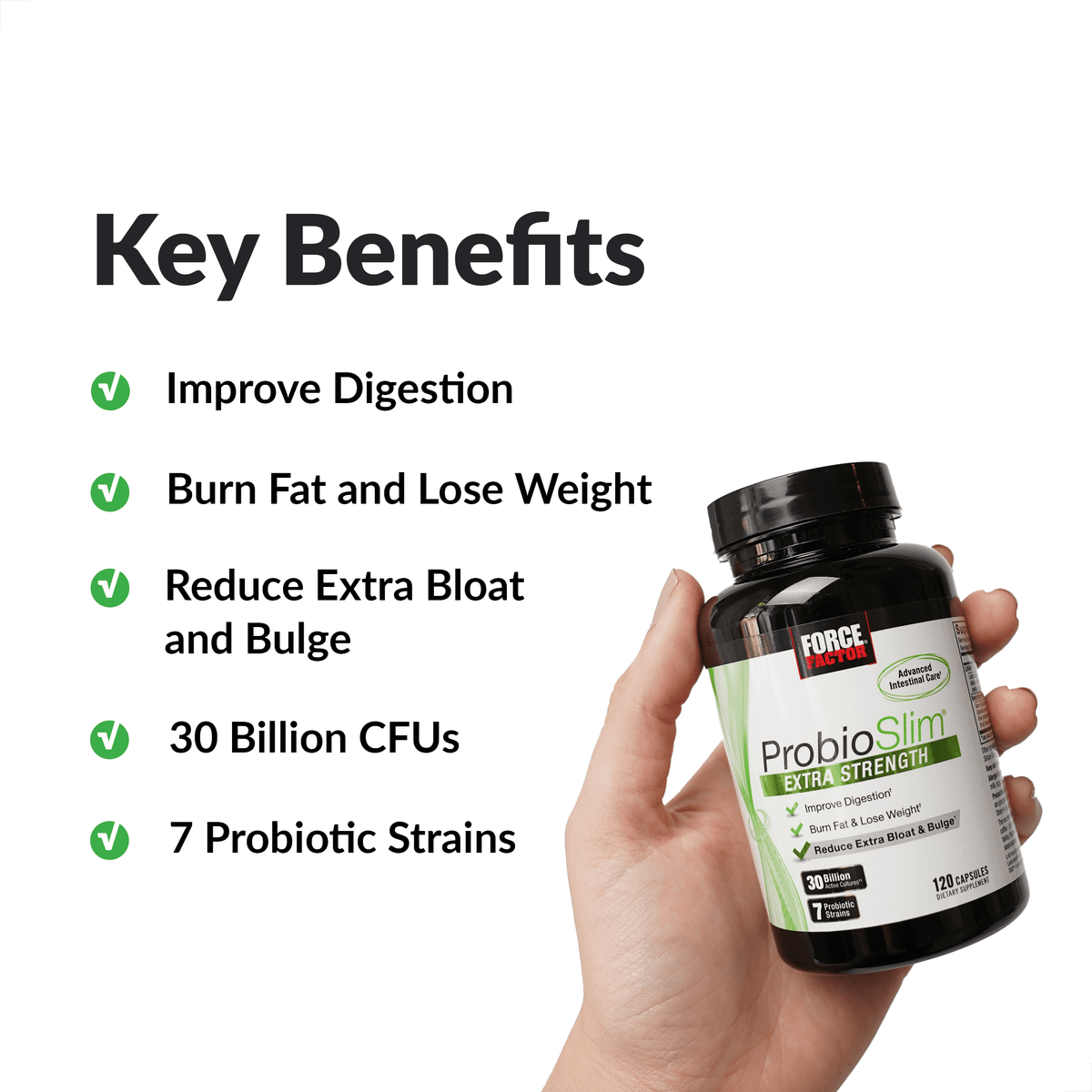 Force Factor ProbioSlim Extra Strength Probiotic Supplement with 30 Billion CFUs for Digestive Health, Bloating & Gas Relief, 120 Capsules