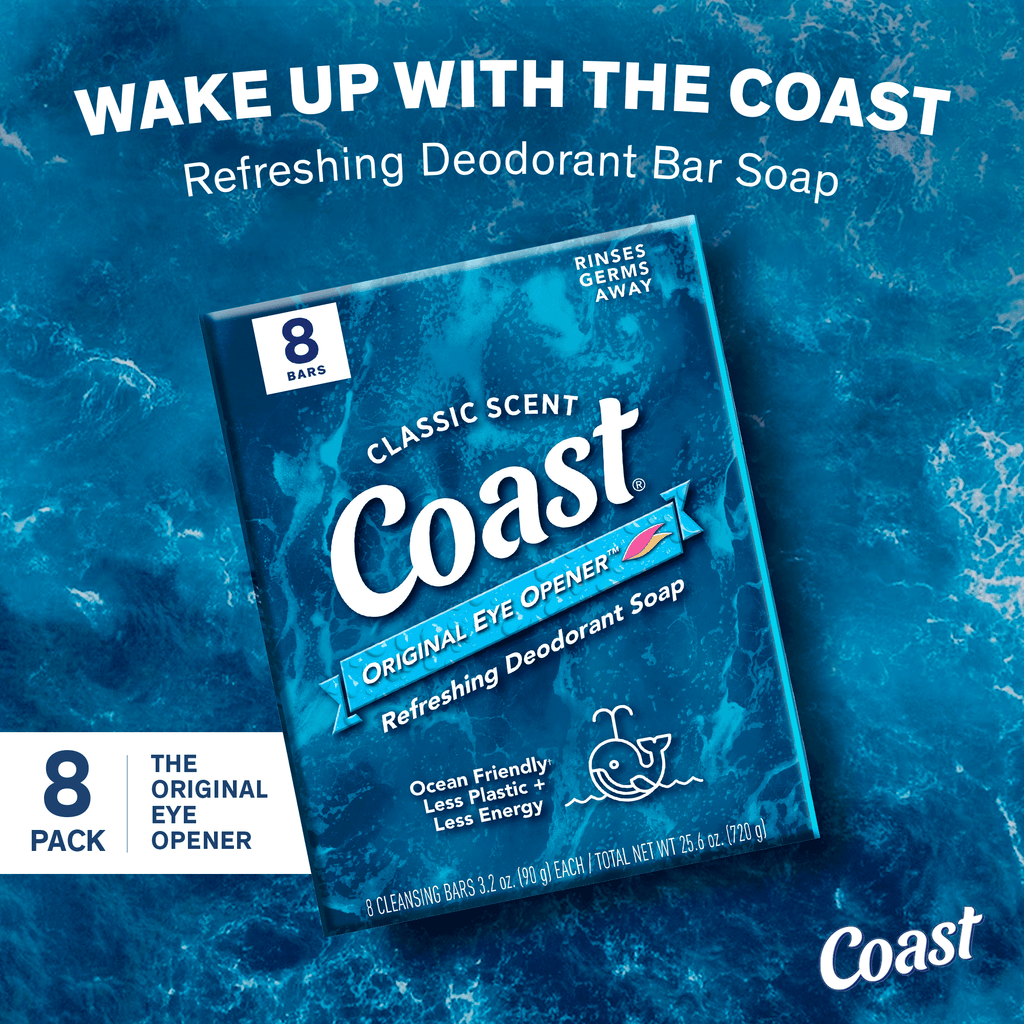 Coast Classic Pacific Force Refreshing Deodorant Bar Soap for All Skin Types, 3.2 oz, 8 Bars