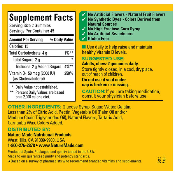Nature Made Vitamin D3 2000 IU (50 mcg) per Serving Gummies, Dietary Supplement for Bone and Immune Health Support, 90 Count