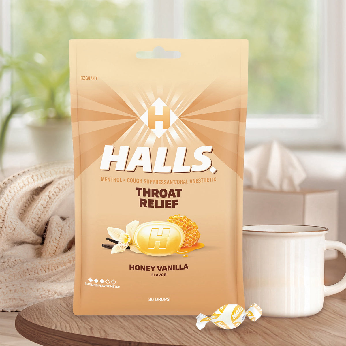 HALLS Throat Relief Honey Vanilla Cough Drops, FSA/HSA Eligible, 30 Drops