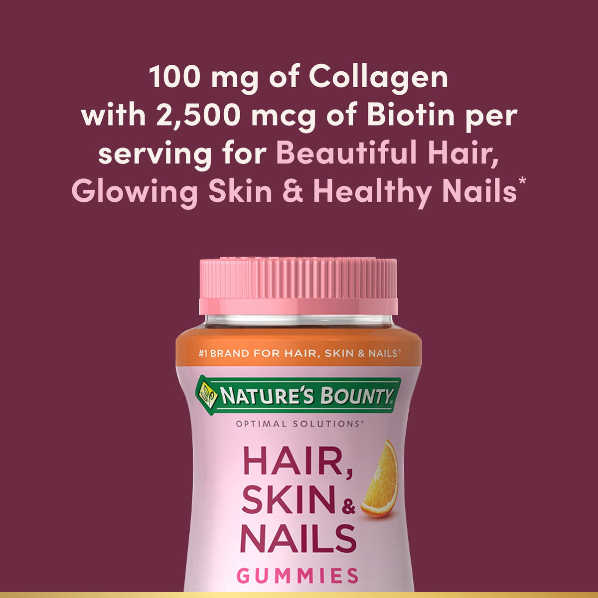 Nature's Bounty Optimal Solutions Hair Skin and Nails Vitamin with Collagen and Biotin, Women's Multivitamin, Tropical Citrus Gummies, 90 Count