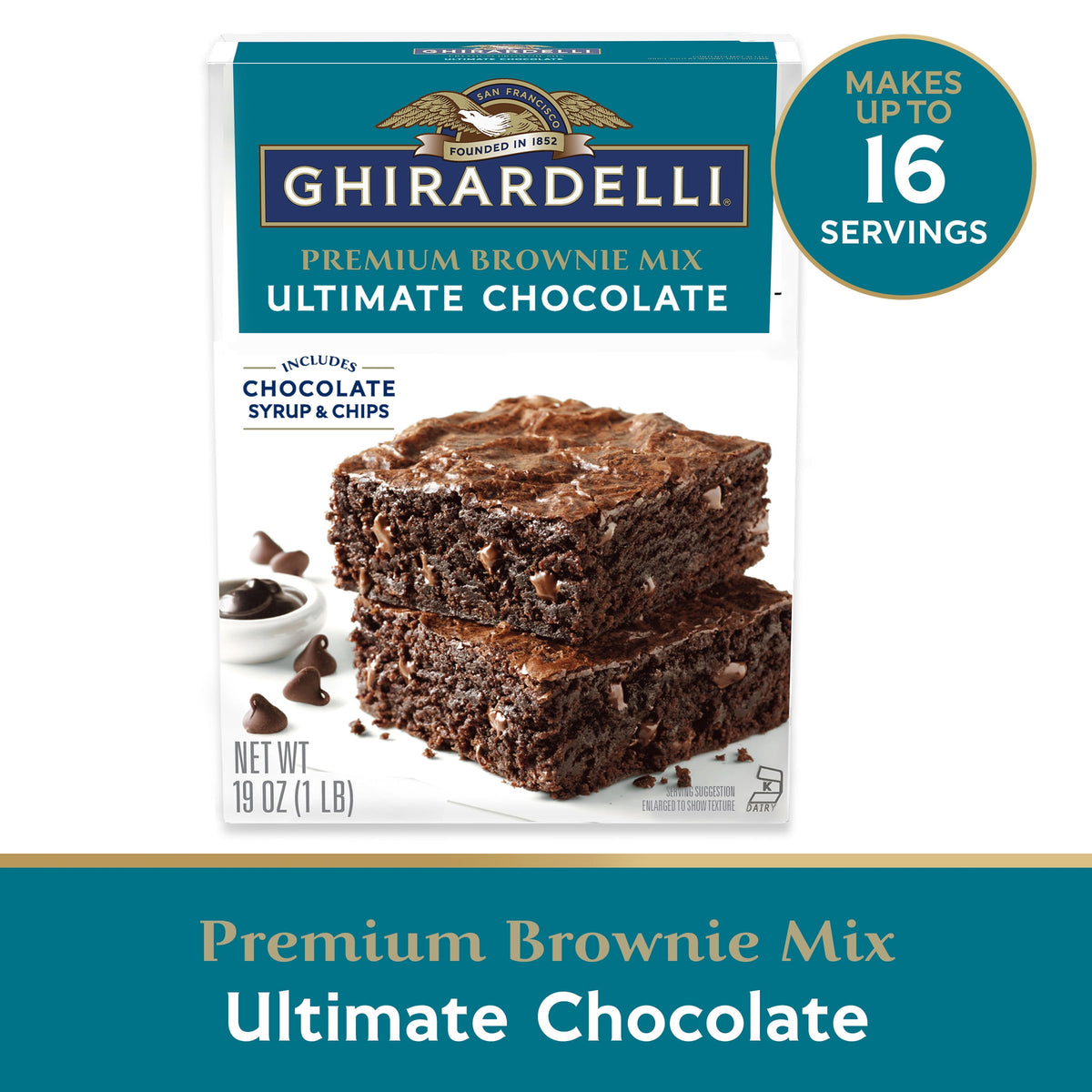 GHIRARDELLI Ultimate Chocolate Premium Brownie Mix, a Premium Baking Mix, Includes Chocolate Syrup and Chips, 19 oz Box
