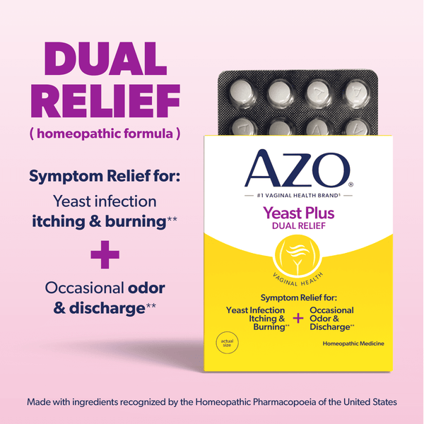 AZO Yeast Plus Dual Relief Tablets, Eases Itching, Burning, Odor & Discomfort from Yeast Infections, FSA/HSA Eligible, 60 Count