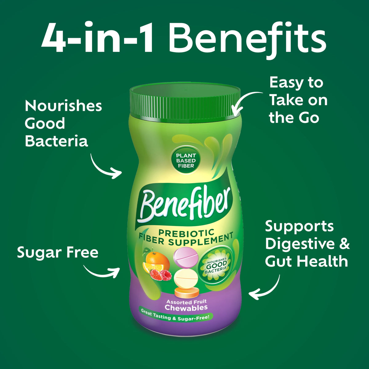 Benefiber Chewable Prebiotic Glp-1 Friendly Fiber Supplement Tablets for Digestive Health, Assorted Fruit Flavors - 100 Count