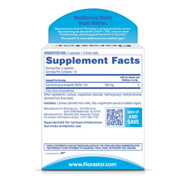 Florastor Unisex Daily Probiotic Supplement, Saccharomyces Boulardii CNCM I-745, 20 Count