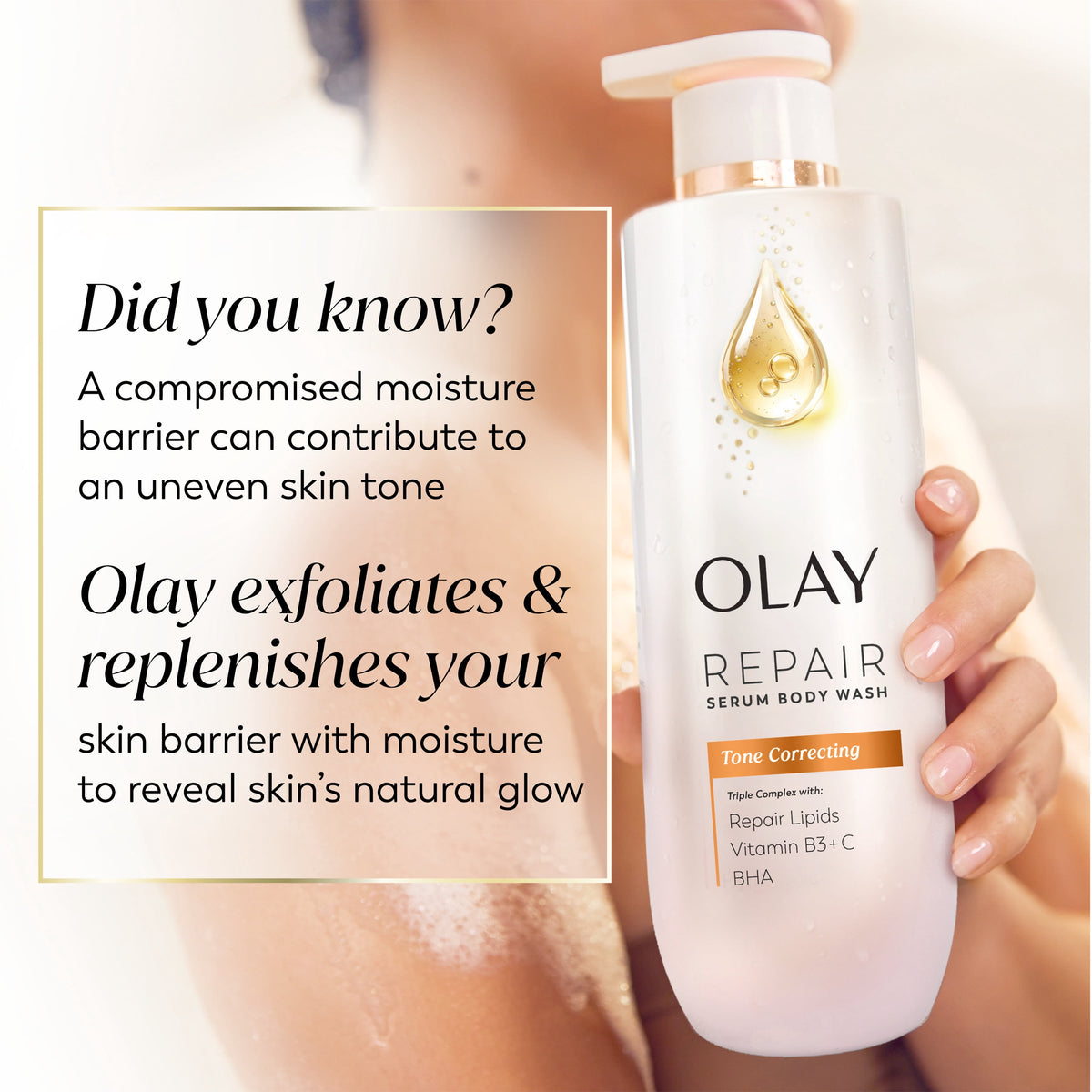 Olay Tone Correcting Repair Serum Body Wash, Triple Complex with Repair Lipids, Vitamin B3 + C and BHA, 20 fl oz