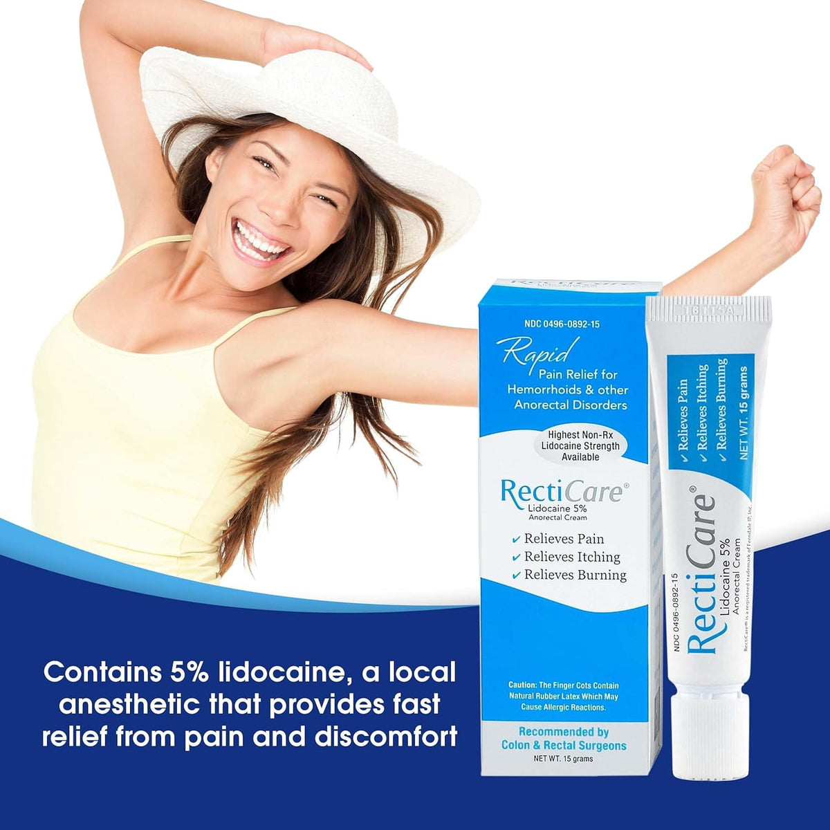 RectiCare Anorectal Cream Lidocaine 5% Fast Pain Relief 15g