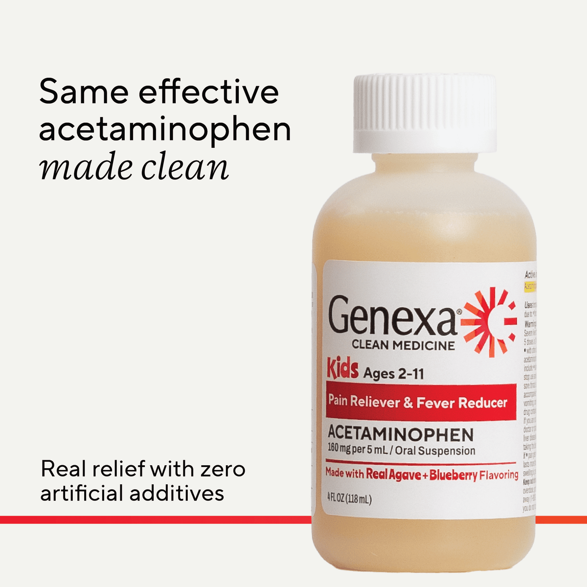 Genexa Kids’ Clean Pain & Fever Acetaminophen, Dye Free, Organic Blueberry, 4 fl oz
