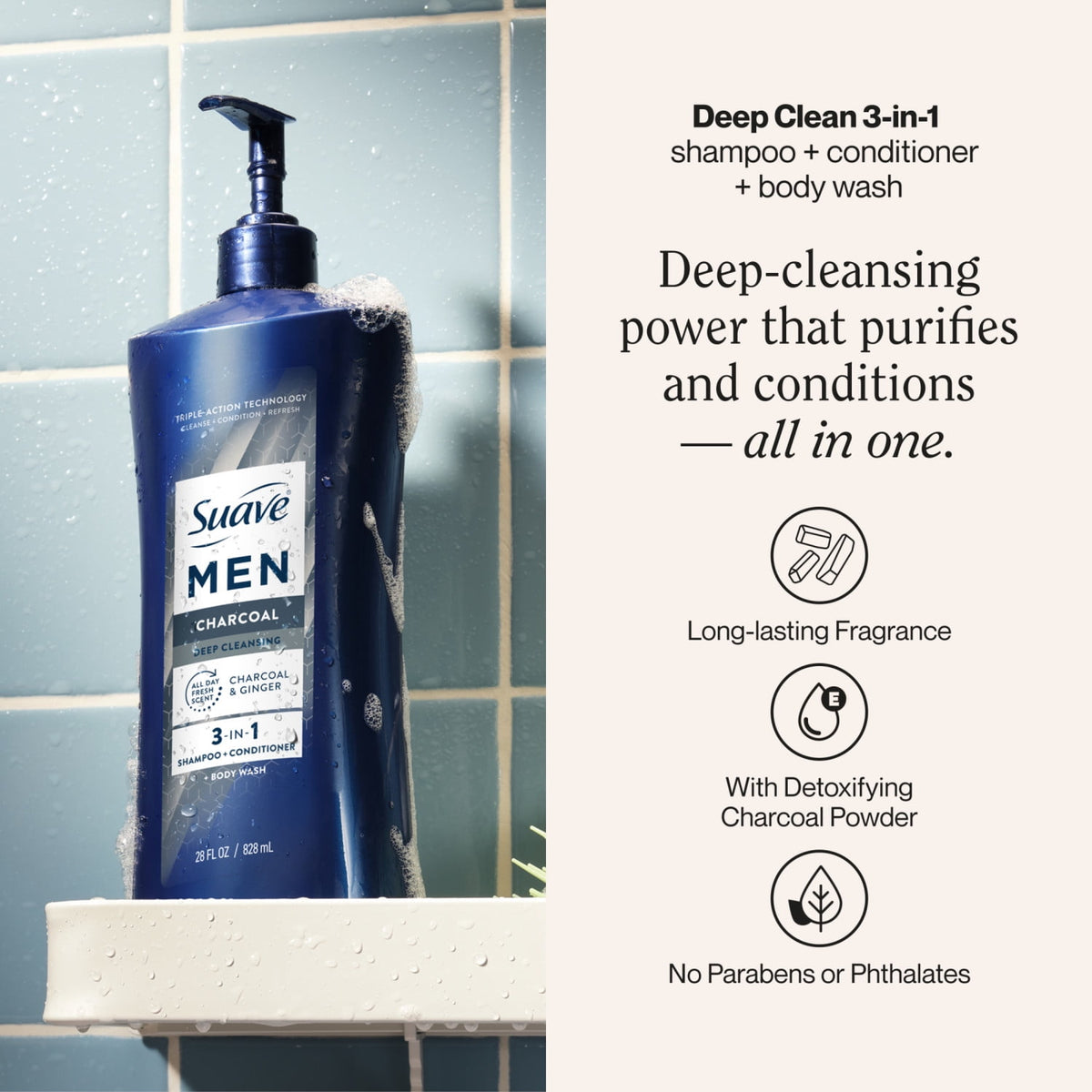 Suave Men Deep Cleansing 3-in-1 Shampoo, Conditioner & Body Wash with Charcoal, 28 FL OZ