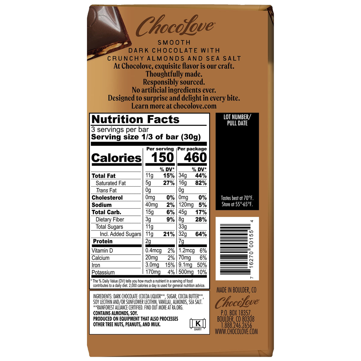 Chocolove Almonds & Sea Salt in Dark Chocolate, Contains Almonds, Soy, 3.2oz