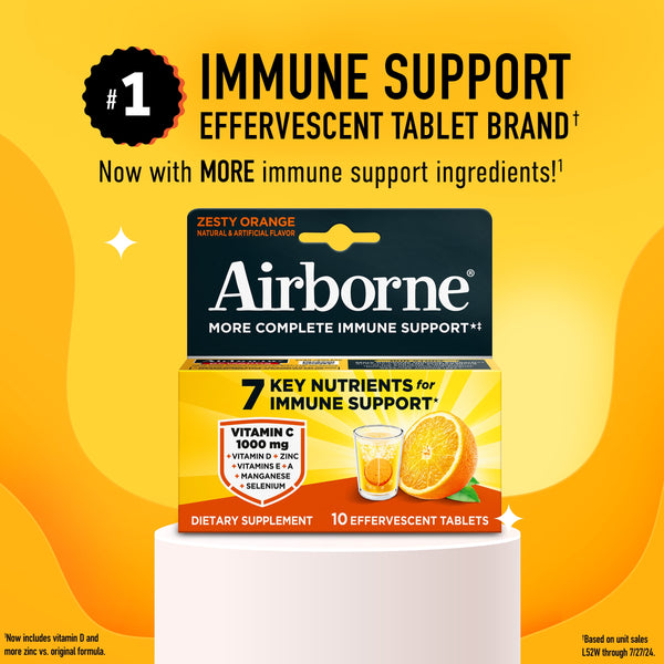 Airborne 1000mg Vitamin C Immune Support Effervescent Tablets, Zesty Orange Flavor, 10 Count