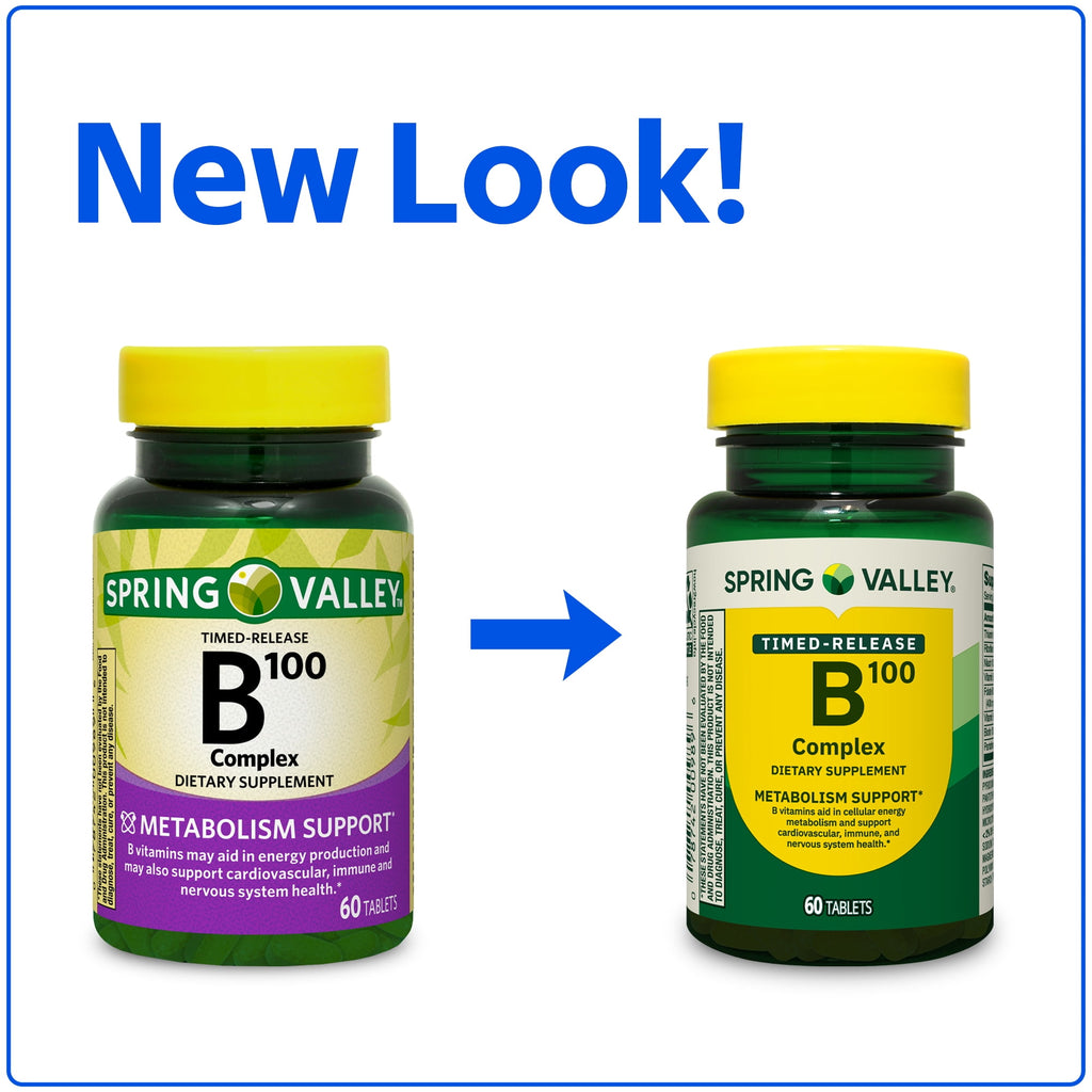 Spring Valley B-100 Complex, 60 Count, Dietary Supplement Timed-Release Tablets for Metabolism Support