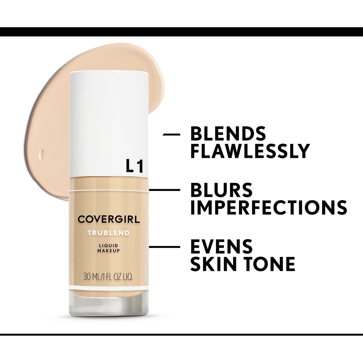 COVERGIRL TruBlend Oil-free Liquid Foundation, M-1 Natural Beige, 1 fl oz, Lightweight, Dewy Finish, Hydrating Foundation, Moisturizing Foundation