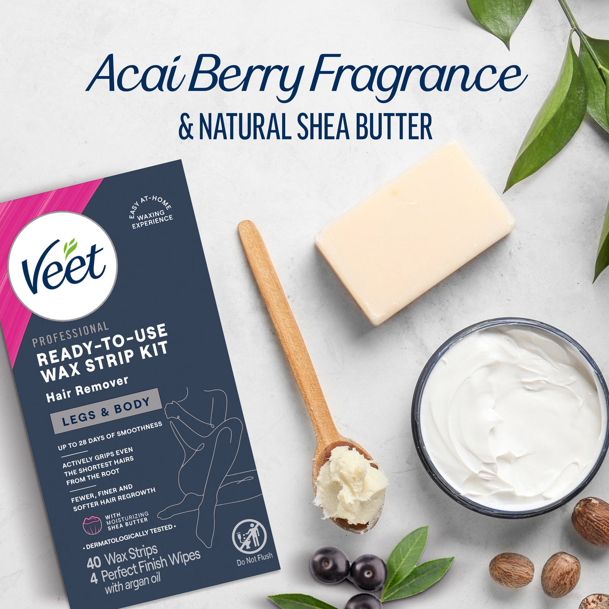 Veet Hair Removal Waxing Kit Strips with Shea Butter, Body Hair Remover for Women, 40 Count