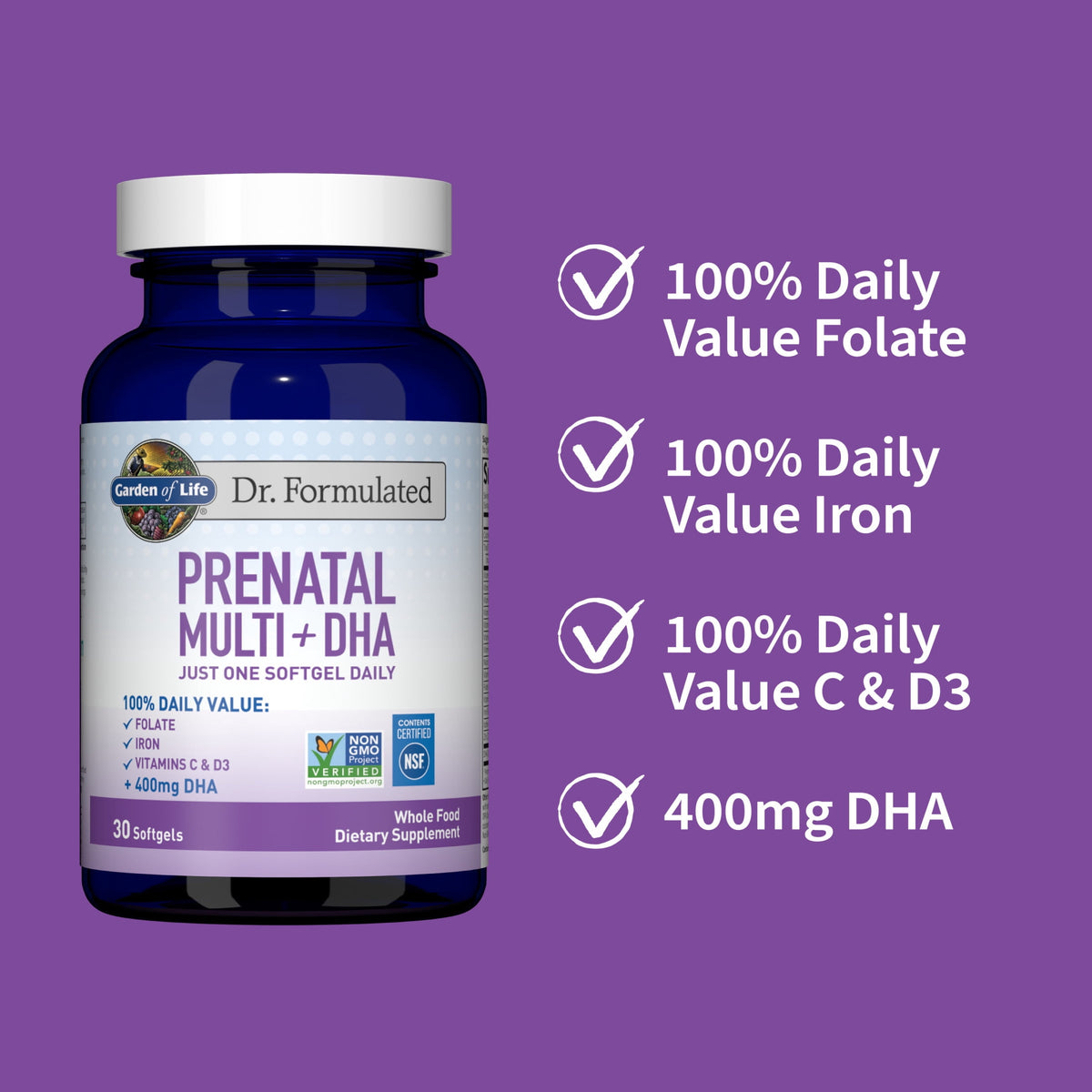 Garden of Life Dr. Formulated Prenatal Pregnancy Women's Multivitamins + DHA with Folate & Iron for Mom's Nutrition & Baby's Development, 30 Count