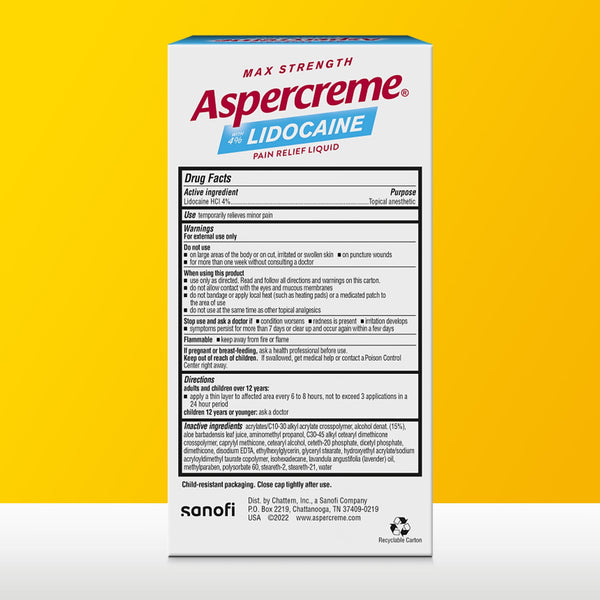 Aspercreme Max Strength Topical Numbing Pain Reliever Roll-on Liquid, 4% Lidocaine, Lavender, 2.5 fl oz