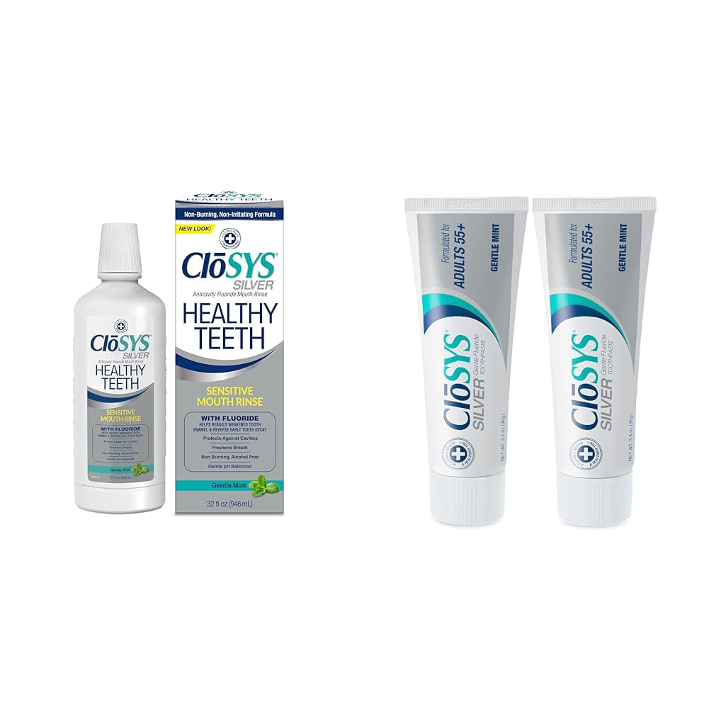 CloSYS Healthy Teeth Oral Rinse Mouthwash - 32 Fl Oz & Silver Fluoride Toothpaste for Adults 55+, 3.4 Ounce, Gentle Mint, Travel Size, TSA Compliant