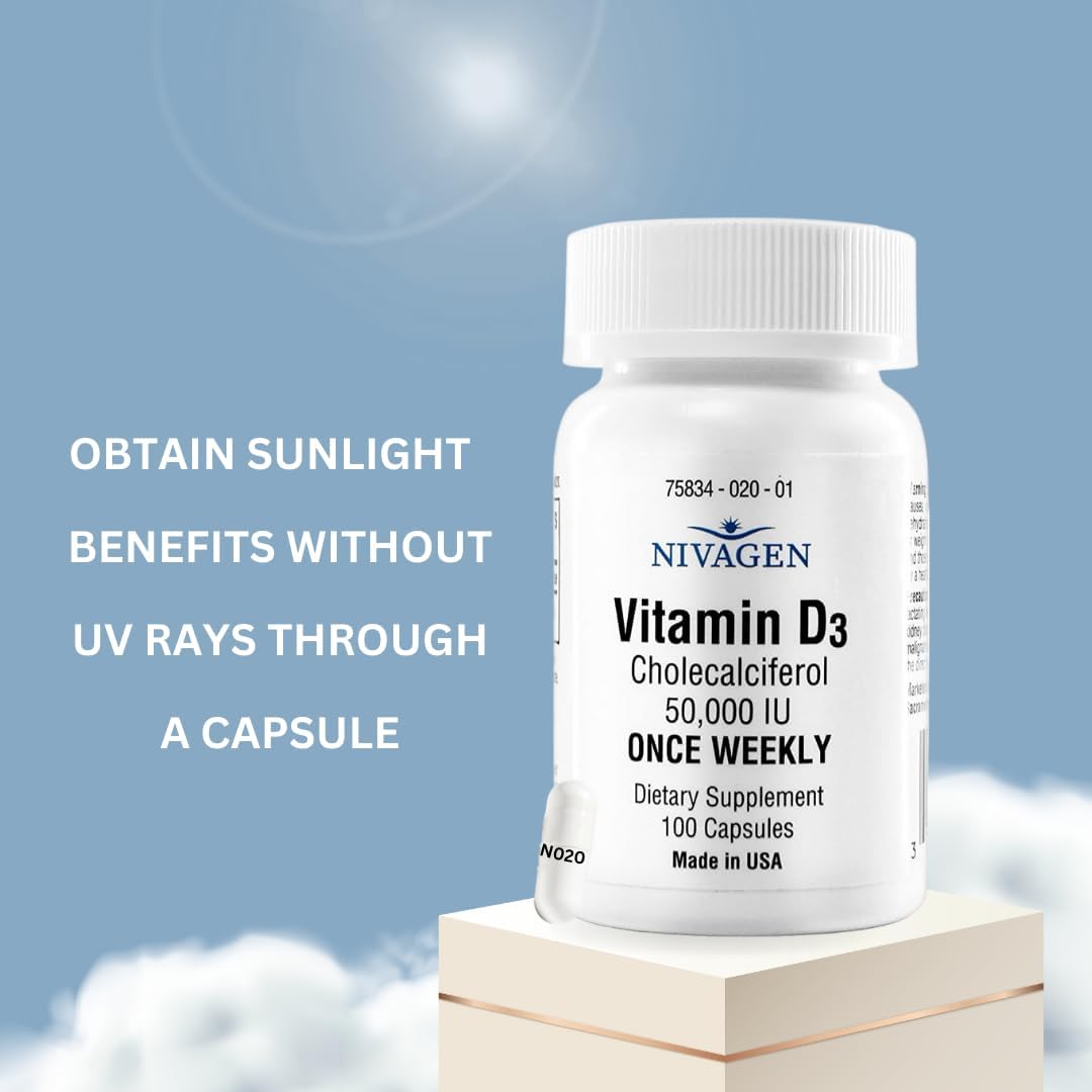 Nivagen Vitamin D3 50,000 IU (1250 mcg) | Once Weekly Dose | 100 Capsules (100 Weeks, Approx. 2 Years Supply) | Easy to Swallow | Bone, Muscle