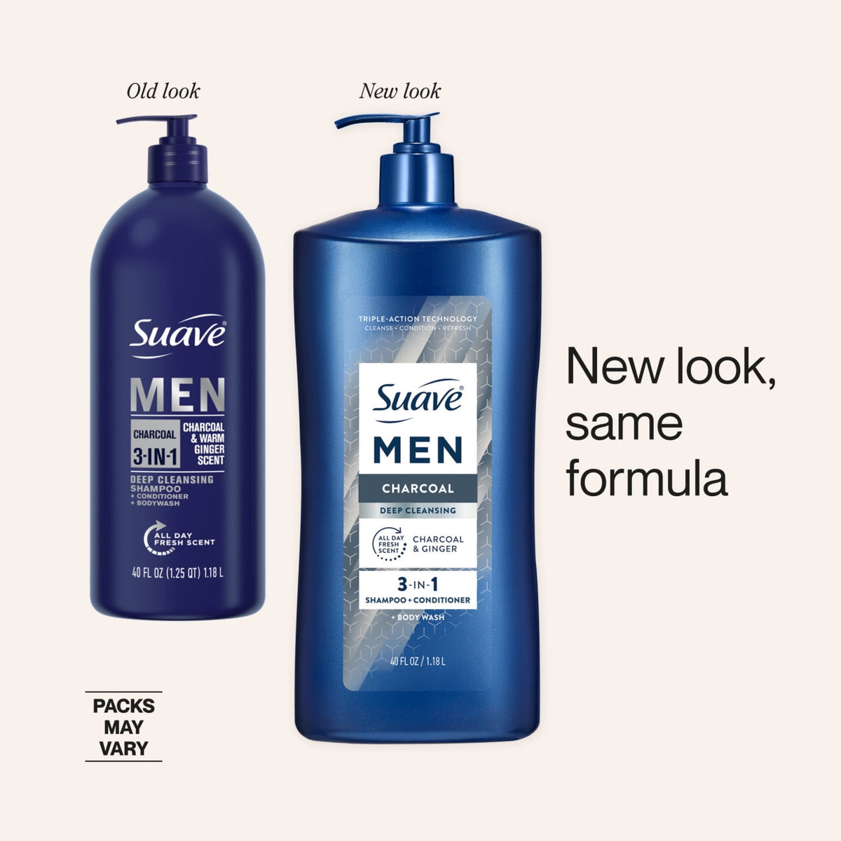 Suave Men Deep Cleansing 3-in-1 Shampoo, Conditioner & Body Wash with Charcoal, 40 FL OZ