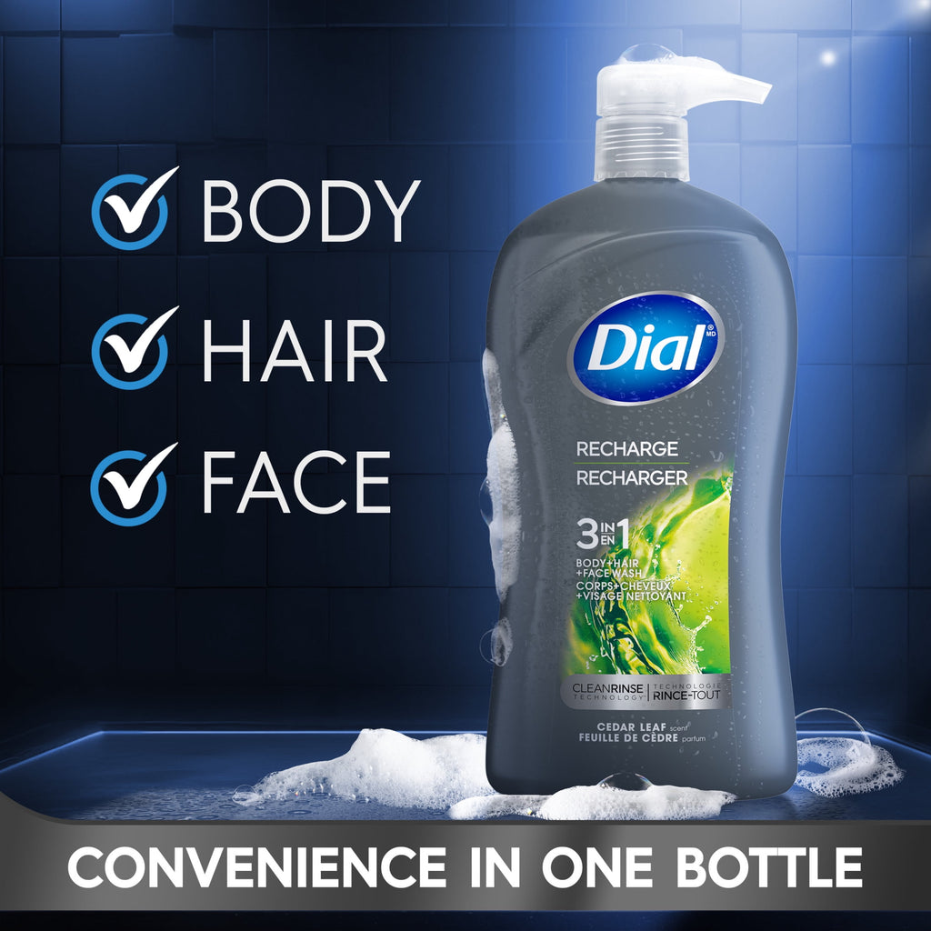 Dial Recharge 3-in-1 Men's Body Wash for Body, Hair, & Face, Cedar Leaf Scent, 32 fl oz