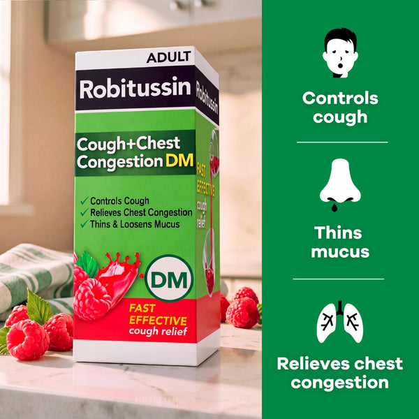Robitussin Adult Cough Congestion DM and Cold Medicine, Cough Suppressant, Raspberry, 8 Fl Oz